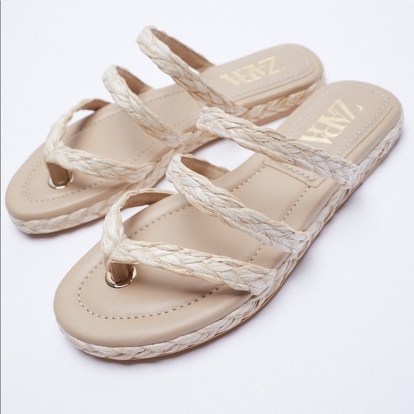 NWT. Zara Cream  Zara Woven Flat Sandals. Size 7,5. - Picture 2 of 7